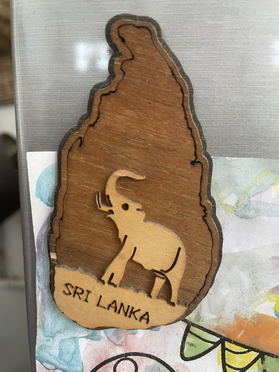A wooden elephant magnet from Sri Lanka, a souvenir from a Bloom Garden guest